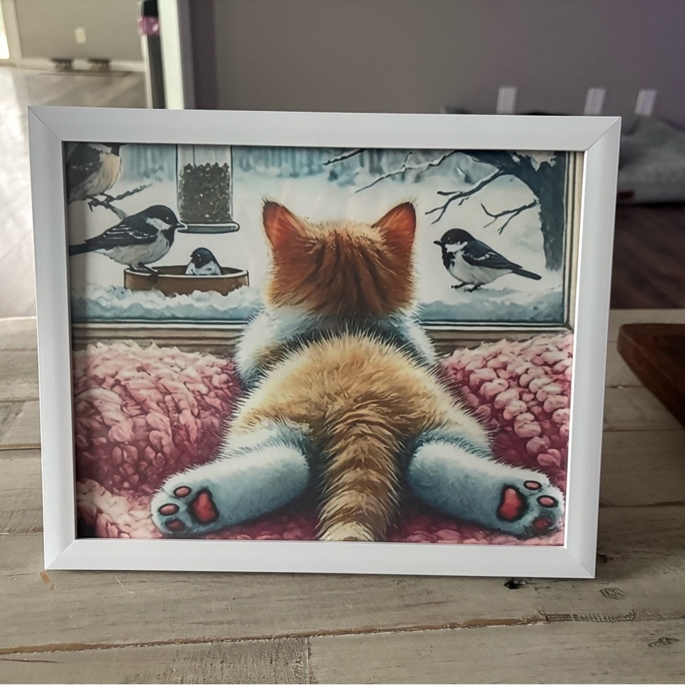 Charming Cat Winter Scene Framed Art - White Frame